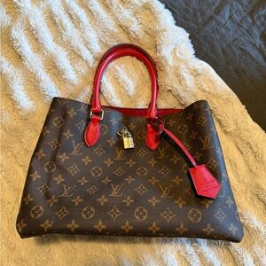 Louis Vuitton Brown Monogram Tote with Red Handles
